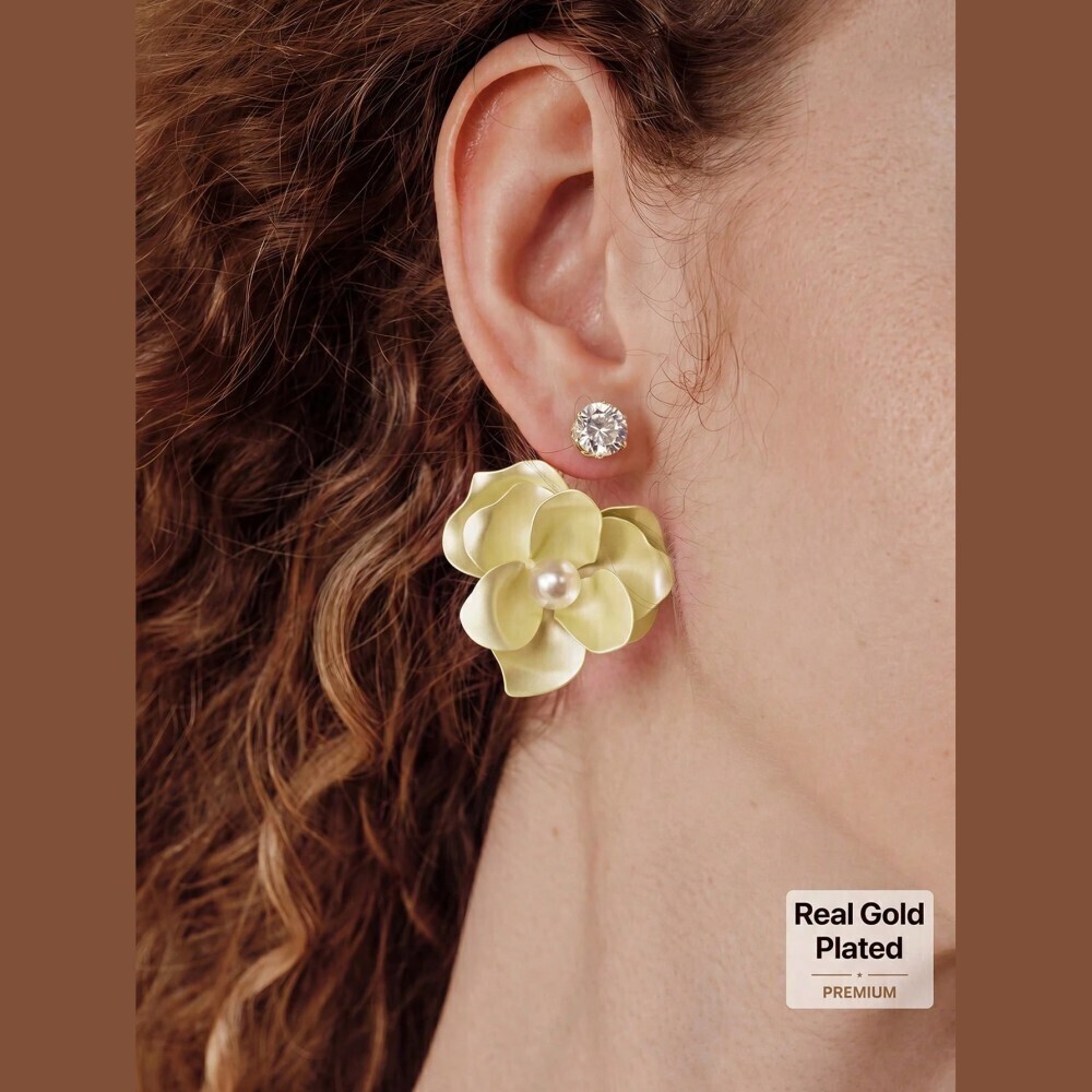 Yellow Enamel Flower Pearl Rhinestone Drop Earrings